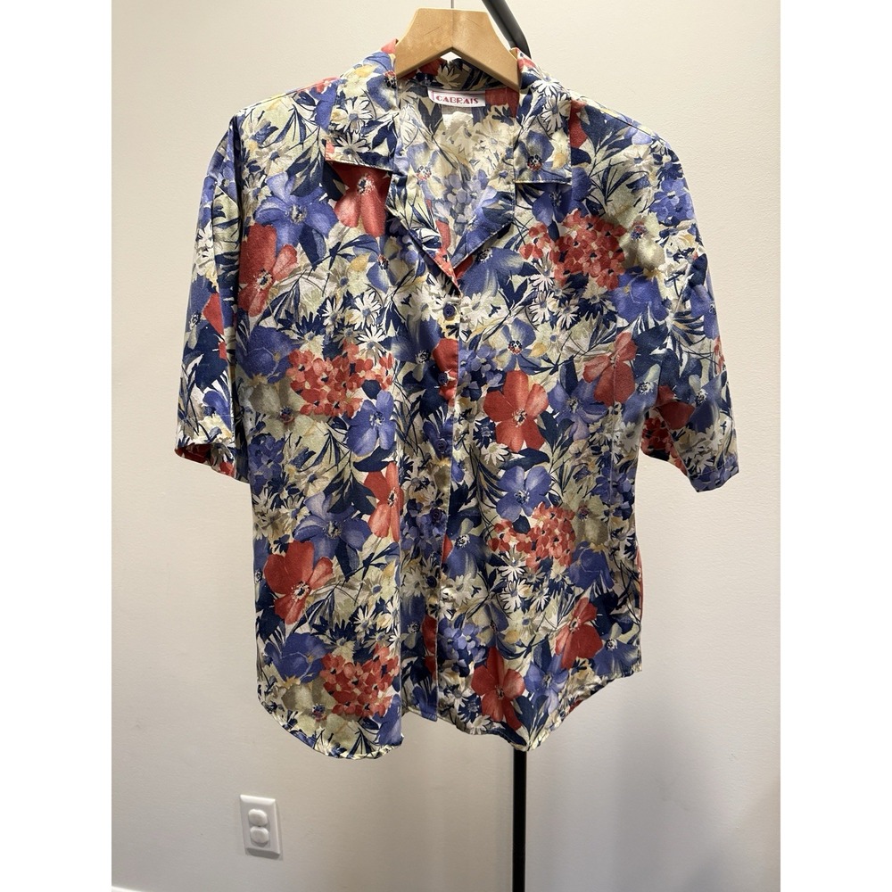 Vintage Cabrais Women's Floral Button Down Short Sleeve Shoulder Pads Hawaiian